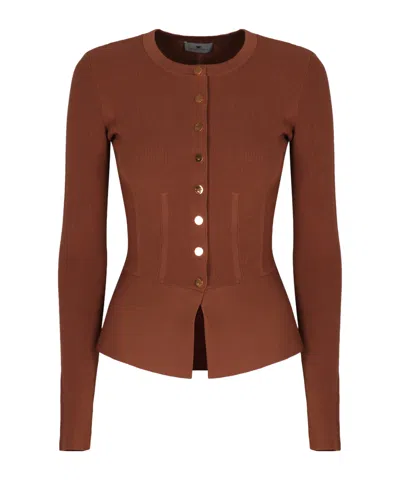 ELISABETTA FRANCHI RIBBED JEWEL-BUTTON CARDIGAN