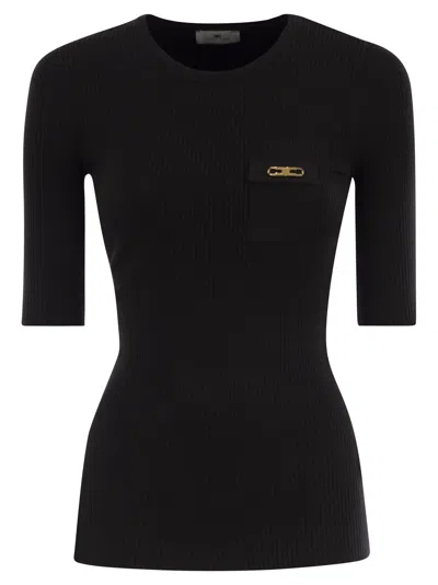 Elisabetta Franchi Ribbed Jumper With Pocket In Black