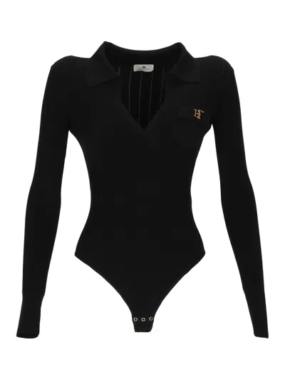 Elisabetta Franchi Ribbed Knit Bodysuit With Deep V-neckline And Logo Detail In Transparent