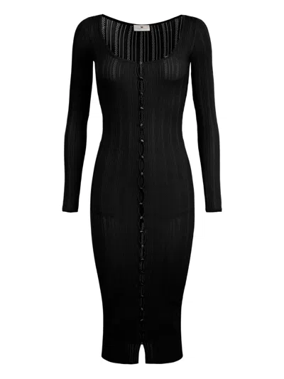 Elisabetta Franchi Ribbed-knit Button-front Midi Day Dress In Black