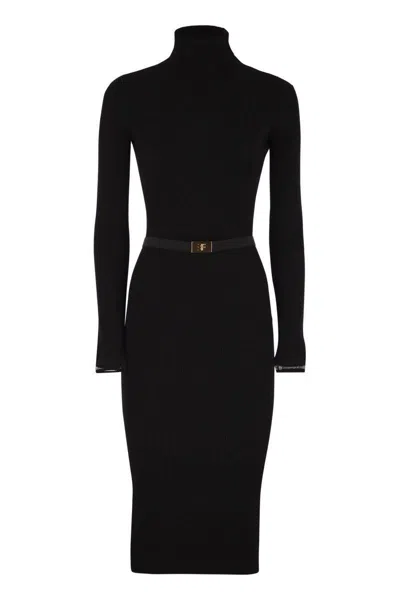 Elisabetta Franchi Ribbed Knit Dress With Belt In Black