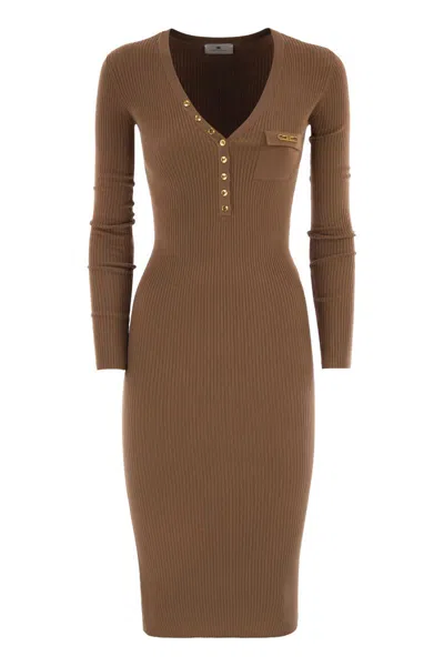 Elisabetta Franchi Ribbed Knit Dress With Pocket In Brown