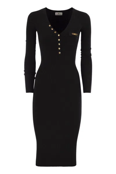 Elisabetta Franchi Ribbed Knit Dress With Pocket In Black