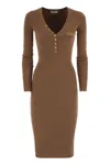 Elisabetta Franchi Ribbed Gold-tone Button Midi Dress In Brown