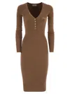 Elisabetta Franchi Ribbed Gold-tone Button Midi Dress In Brown