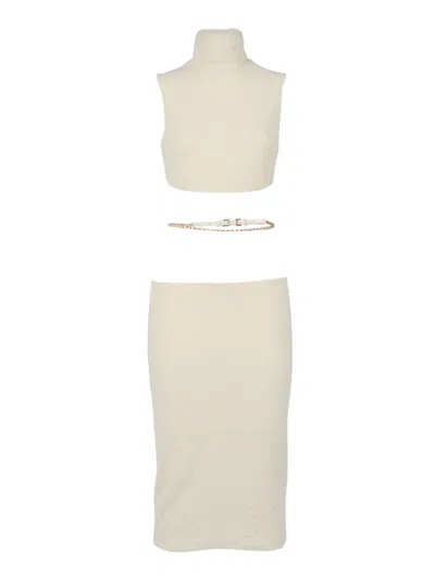Elisabetta Franchi Ribbed Knit Midi Dress With High Neckline In White