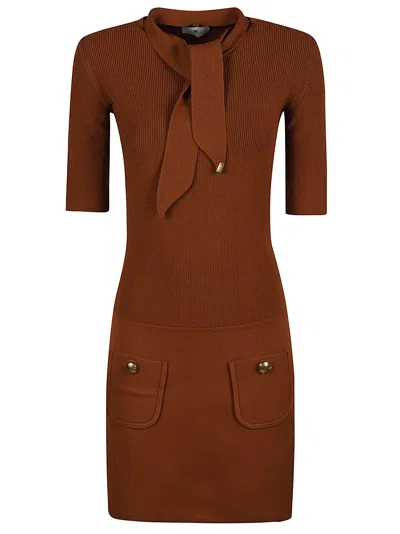 Elisabetta Franchi Ribbed Knit Mini Dress With Unique Nektie Detail In Brown