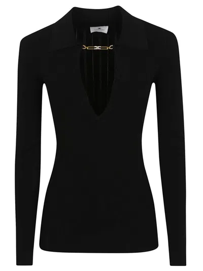 Elisabetta Franchi Ribbed Knit Polo Collar Top With Gold Jewel Detail In Black