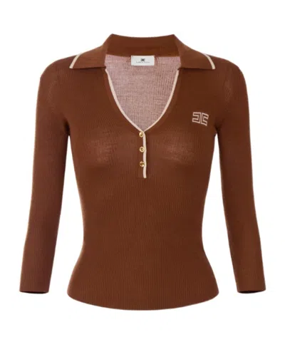Elisabetta Franchi Ribbed Knit Polo Shirt In Brown