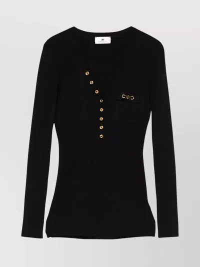 ELISABETTA FRANCHI RIBBED KNIT TOP V-NECK BREAST POCKET