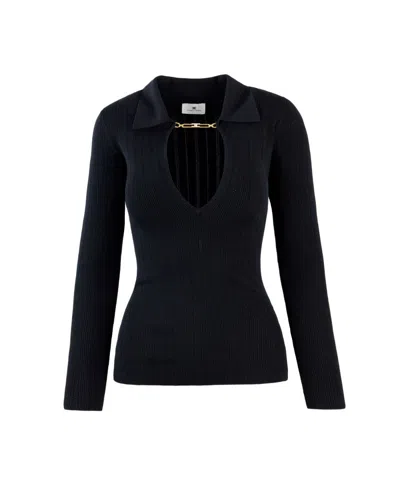 Elisabetta Franchi Ribbed Knit Top With À Jour Detailing Black