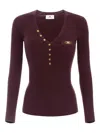 Elisabetta Franchi Burgundy Ribbed Sweater With Pocket In Brown