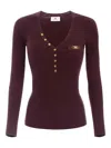 Elisabetta Franchi Burgundy Ribbed Sweater With Pocket In Brown