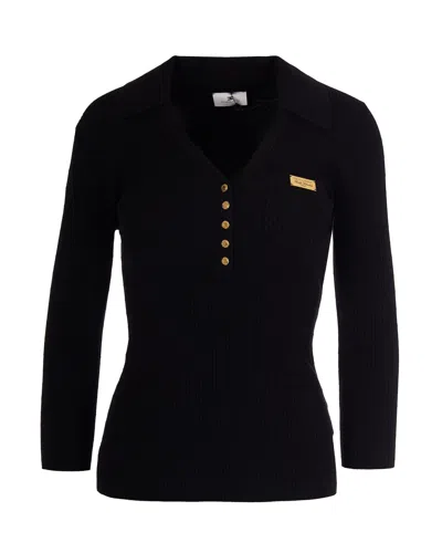 Elisabetta Franchi Ribbed Knit With Gold-tone Buttons Sweater In Black
