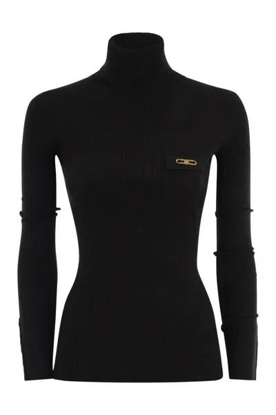 Elisabetta Franchi Ribbed Turtleneck Sweater With Satin Pocket In Black