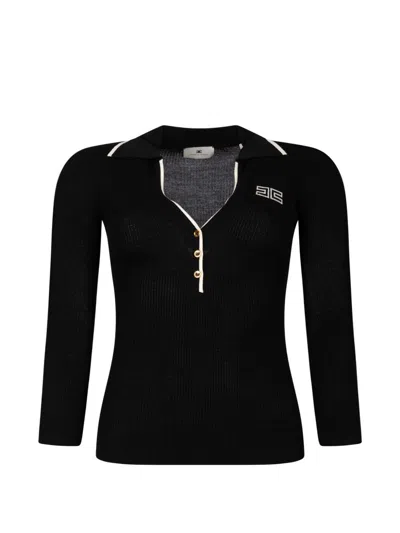 Elisabetta Franchi Ribbed Knit Wool Polo In Black