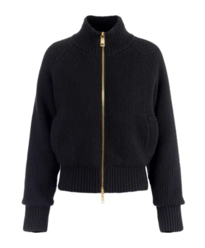 Elisabetta Franchi Ribbed-knit Zip-front Bomber Jacket In Blue