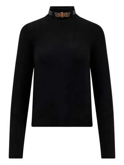 ELISABETTA FRANCHI RIBBED LEATHER-TRIMMED TURTLENECK SWEATER