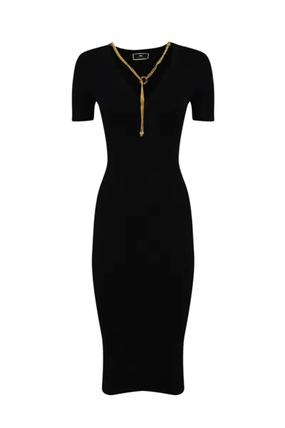 Elisabetta Franchi Ribbed Midi Dress With Necklace In Nero