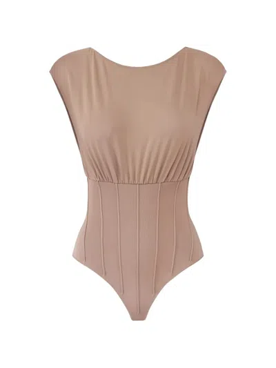 Elisabetta Franchi Ribbed Necklace-detail Bodysuit In Neutral
