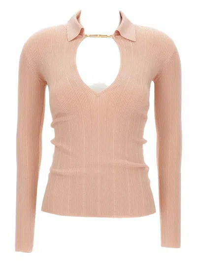 Elisabetta Franchi Asymmetric V-neck Knitted Tricot Sweater In Pink