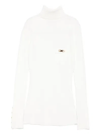 Elisabetta Franchi Ribbed Knit Turtleneck Top With Breast Pocket Clothing In White