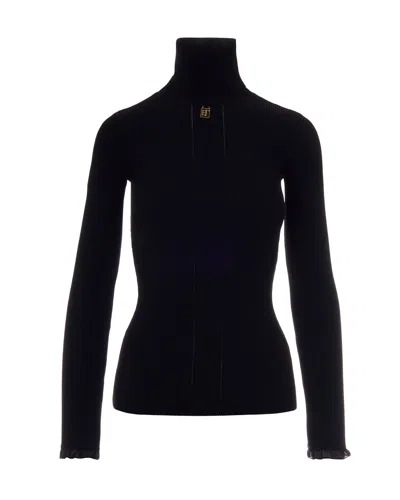 Elisabetta Franchi Ribbed Slim-fit Turtleneck Sweater With Logo Detail In Black