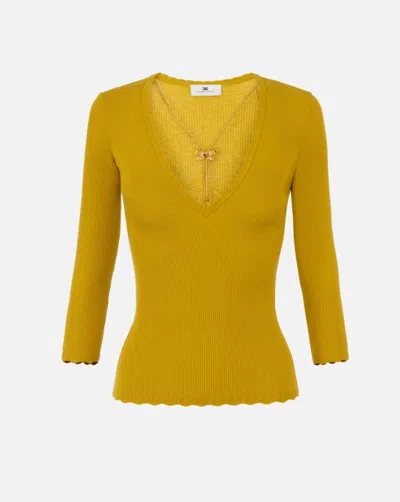 Elisabetta Franchi Ribbed Sweater With Necklace In Yellow