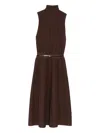 Elisabetta Franchi Ribbed Turtleneck Belted Maxi Dress In Brown