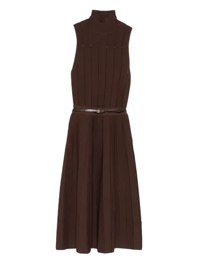 Elisabetta Franchi Ribbed Turtleneck Belted Maxi Dress In Brown