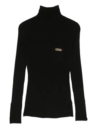 Elisabetta Franchi Ribbed Turtleneck Embellished Sweater In Black
