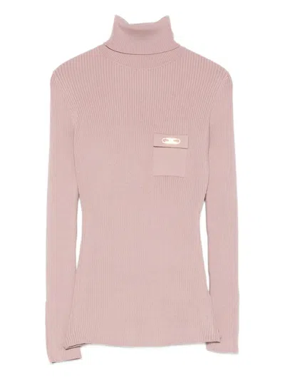 Elisabetta Franchi Ribbed Turtleneck Pocket Sweater In Pink