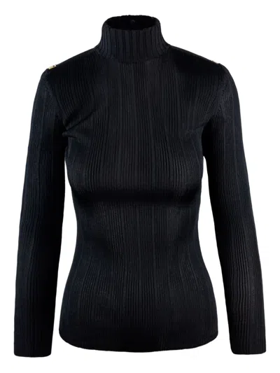 Elisabetta Franchi Black Viscose Yarn Sweater With Logo Details In Animal Print
