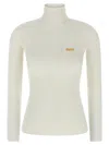 Elisabetta Franchi White Turtleneck Sweater With Logo Plaque On The Front In Silk Blend Woman In White