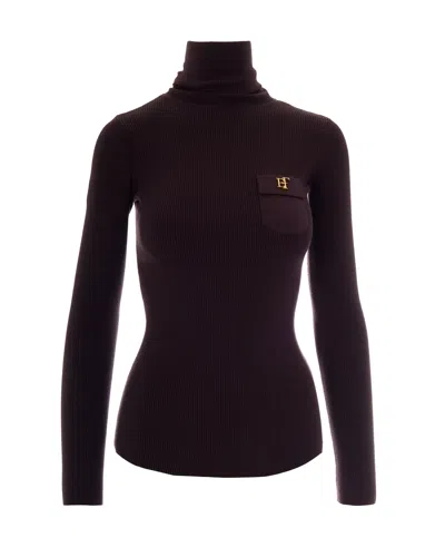 Elisabetta Franchi Ribbed Turtleneck Sweater With Chest Pocket In Purple
