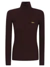 Elisabetta Franchi Ribbed Turtleneck Sweater With Satin Pocket Detail In Red