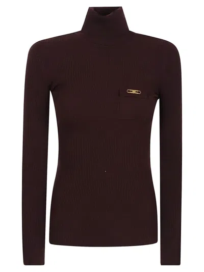 Elisabetta Franchi Ribbed Turtleneck Sweater With Satin Pocket Detail In Red