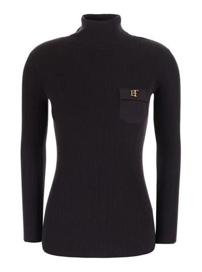 Elisabetta Franchi Ribbed Turtleneck With Chest Pocket Sweater In Black