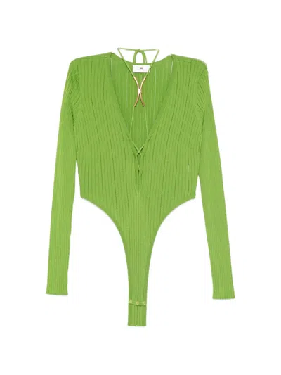 Elisabetta Franchi Ribbed V-neck Bodysuit In Green