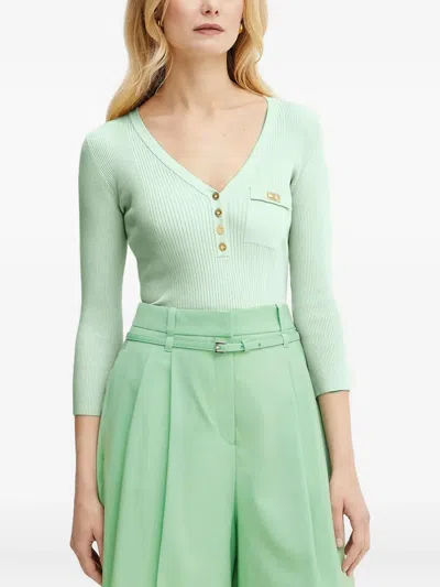 Elisabetta Franchi Ribbed V-neck Buttoned Sweater In Green