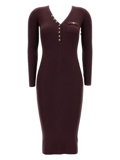 Elisabetta Franchi Ribbed V-neck Buttoned-up Dress In Burgundy