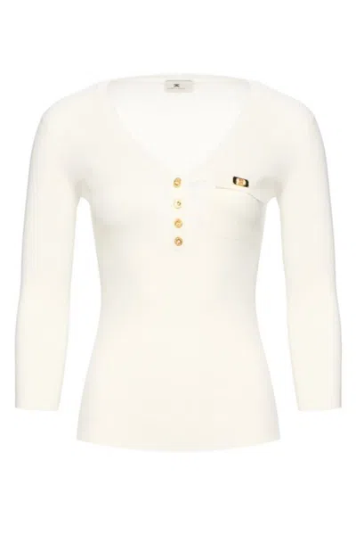 Elisabetta Franchi Ribbed V-neck Sweater With Decorative Buttons In White