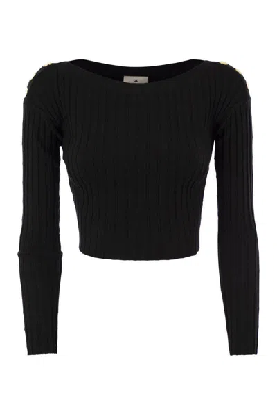 ELISABETTA FRANCHI ELISABETTA FRANCHI RIBBED VISCOSE CROPPED SWEATER WITH BUTTON PLACKET