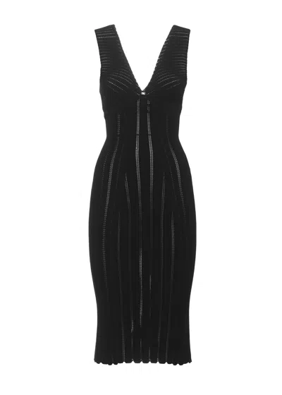 Elisabetta Franchi Ribbed Viscose Midi Dress With Scalloped Hem And Metal Logo In Black