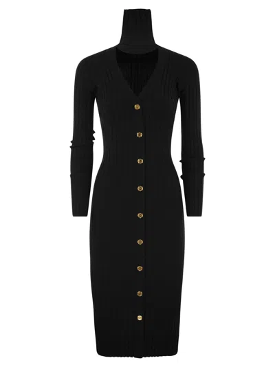 Elisabetta Franchi Ribbed Viscose Midi Dresses With Button Placket In Black