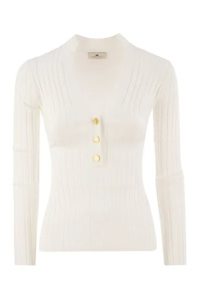 Elisabetta Franchi Ribbed Viscose Sweater With Button Placket In Beige