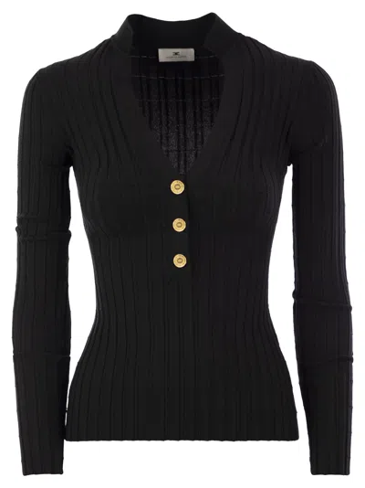 Elisabetta Franchi Ribbed Viscose Sweater With Button Placket In Black