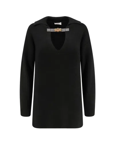 Elisabetta Franchi Ribbed Wool Blend Sweater In Black