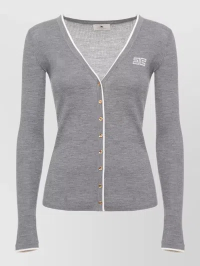 Elisabetta Franchi Ribbed Wool Crewneck Cardigan In Gray