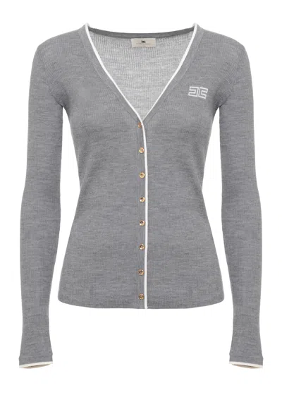 Elisabetta Franchi Ribbed Wool Sweater With Gold Button Accents And Embroidered Logo In Gray